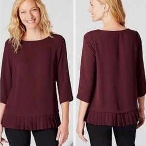 J. Jill 3/4 Sleeve Pleated Hem Blouse in Wine - Size XS